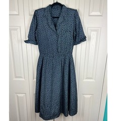 Vintage Paisley Shirtwaist Midi Dress Retro Boho Dark Academia Navy Teal Poly M