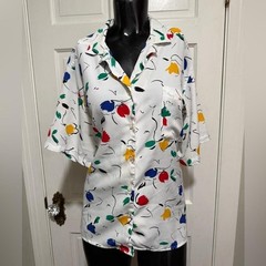 Vintage 1980s 1990s Primary Color Block Floral Button Up Womens Short Sleeve