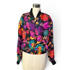 Vintage Petite Sophisticate Silk Jewel Tone 80’s Bomber Jacket Statement Print S