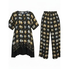 JEWEL QUEEN | Vintage Elephant Print Two-Piece Button Down Tunic Pants Set | XL