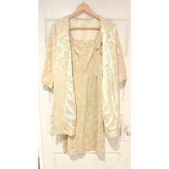 Vintage 1950’s Light Yellow Handmade Brocade Grape Print Dress and Jacket Set