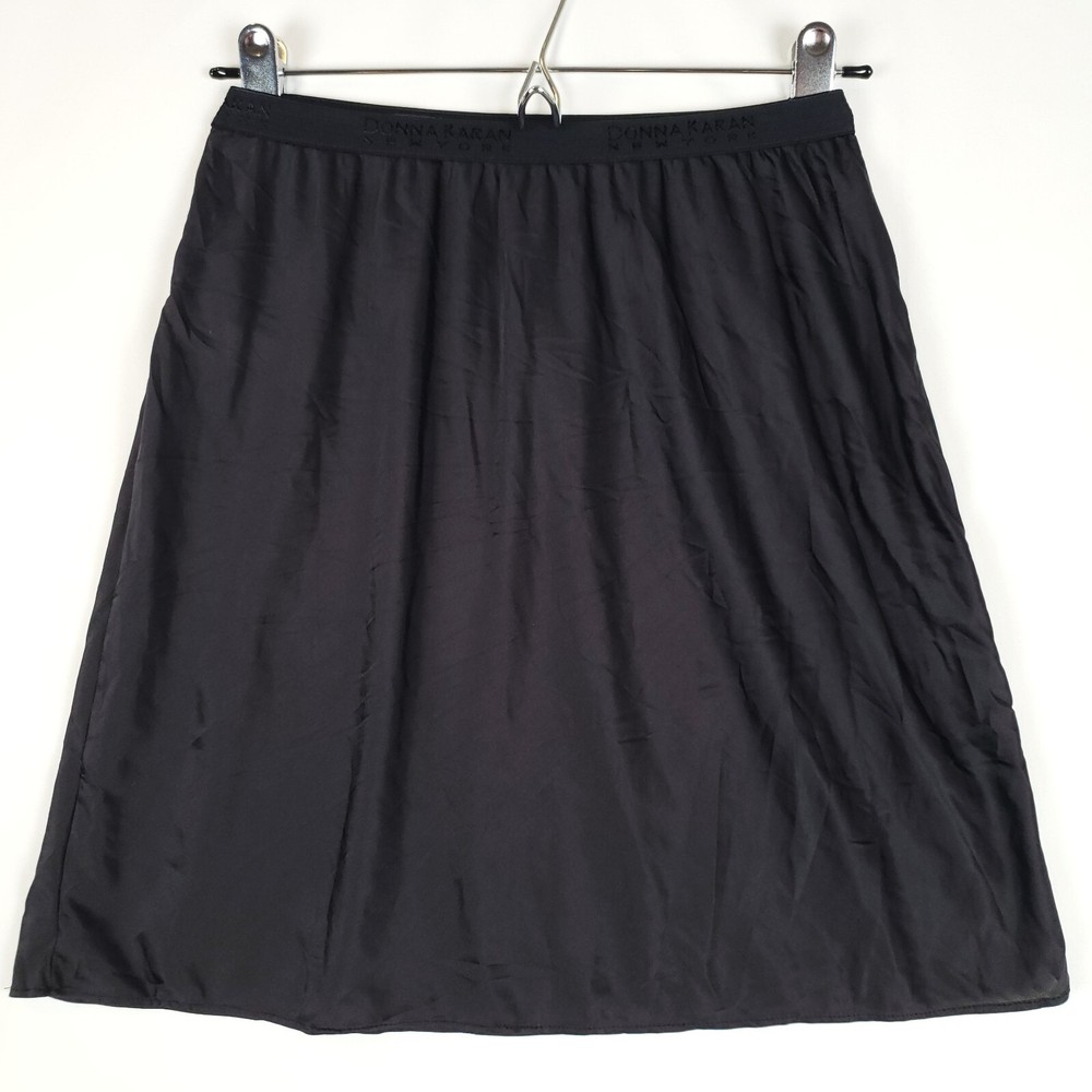 Vintage Donna Karen Intimates Nylon Half Slip Small Spell Out Band Black 17 in
