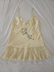 Womens Yellow Embroidered Slip Chemise Spaghetti Strap Blue Floral Ruffle Medium