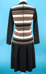 VTG Women’s 60s Black Cream & Red Striped Drop Waist Midi Dress Sz M 1960s
