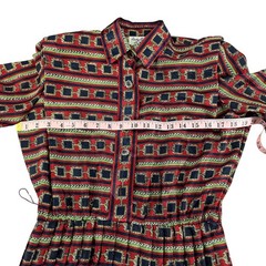 Lady Carol Petites Small Vintage 80s Pleated Midi Dress Red Navy Geometric