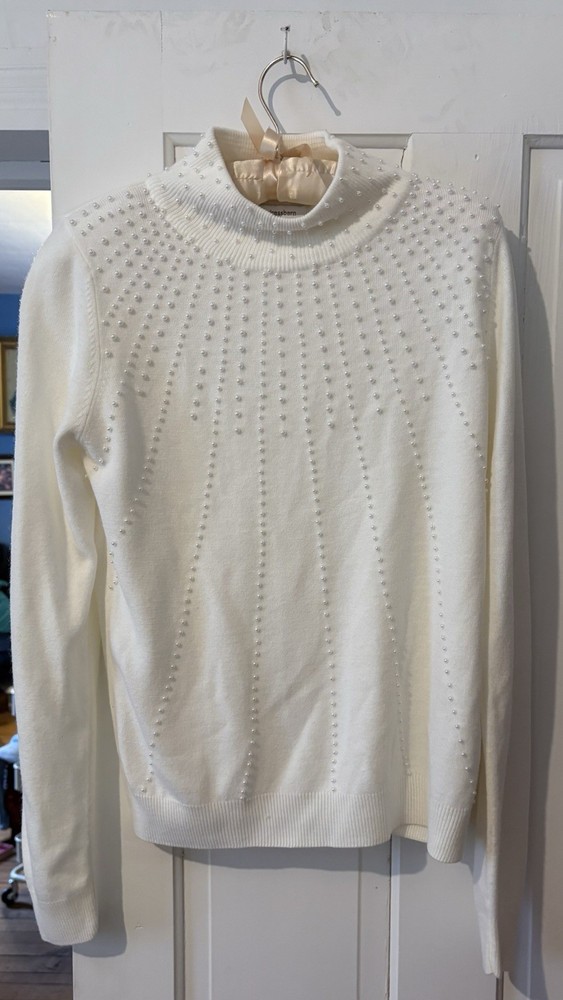 Vintage 1990s Dress Barn White Sweater Pearl Bead Accents Holiday Festive