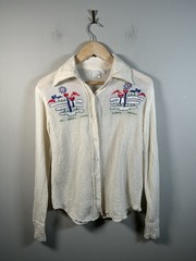 VTG 1970s Scenic Floral Embroidered White Gauze Cotton Button Up Womens Sz L