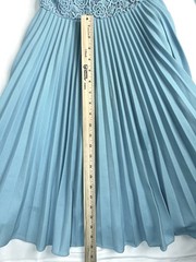 Vintage 60s 70s Tea Dress Crochet Overlay Long Sleeve Pleats Blue~XS~B32 W24 EUC