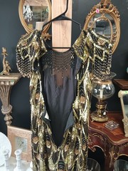 Lillie Rubin Vintage Black Gold Beaded Sequin Semi-Open Back Silk Dress Size 6