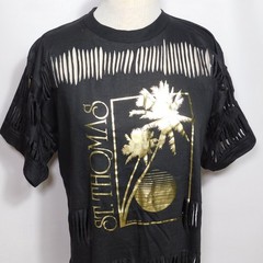 Vintage 1980s Shredded Fringe ST THOMAS 1987 Single Stitch Black T Shirt Size XL