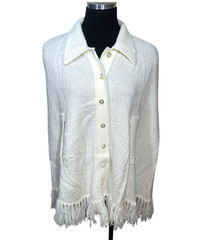Vintage 60s Wintuk Knit Poncho Cape Shawl Sweater Button Fringe Trim Cream