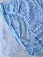 Vintage Baby Blue Nylon Panties Sheer Floral Lace Bikini Slippery Briefs SZ.7-8