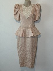 Vintage 80s Scott McClintock Blush Peplum Dress Floral Damask 4 Coquette Regency