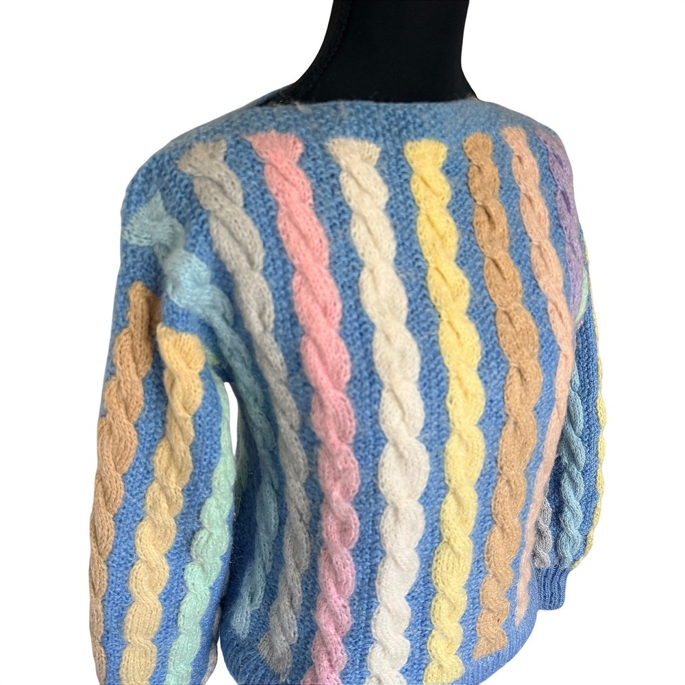 Handmade Pastel Rainbow Chunky Cable Knit Sweater Small Blue Striped Boatneck