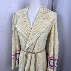 Vintage Peacock Chenille Bath Robe Long Yellow Housecoat Cottage 40s 50s READ
