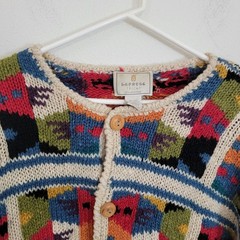 Express Tricot Vintage Hand Knitted 100% Wool Multicolor Patchwork Cardigan M/L