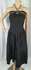 Nuance Vintage 80s Prom Dress Halter Black Gold Lame Polka Dot Bow Lace FLAW S M