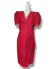 US Vtg 80’s ILGWU Leslie Fay Red Textured Embellished Cocktail Dress Hip Bow 12