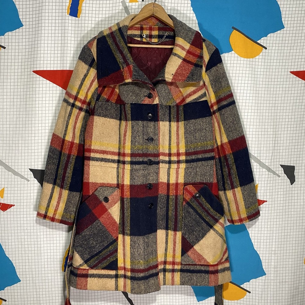 Vintage 50s 60s Plaid Wool Coat Mod Rainbow Hudson Large Atomic Hippy Hollywood