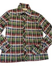 VTG 70s JC Penney Fashions Button Up Poly Tartan Plaid Shirt Top Wide Lapel M**