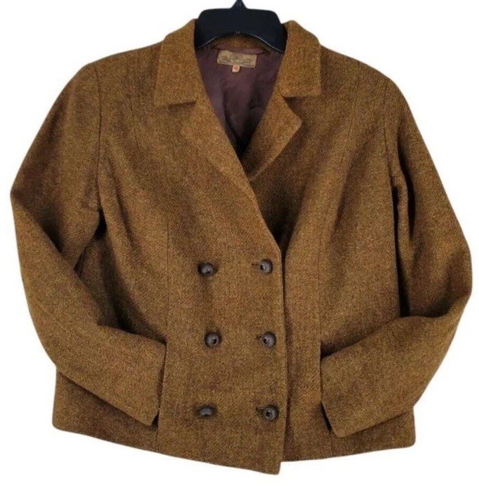 Vtg 50s Peacoat Blazer Crop Wool Tweed 42 EU Brown Austria Handmade Preppy READ