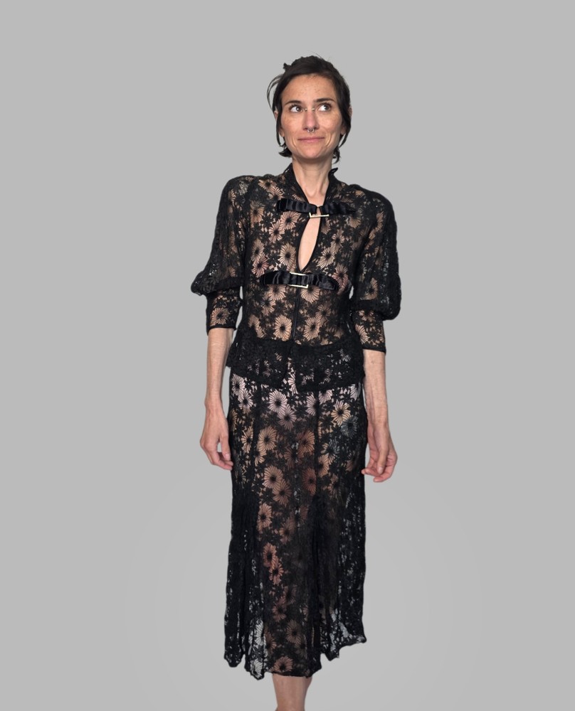 Authentic 1930s Black Spiderweb Lace Dress | Antique Sheer Floral Lace Gown |…