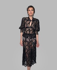 Authentic 1930s Black Spiderweb Lace Dress | Antique Sheer Floral Lace Gown |…