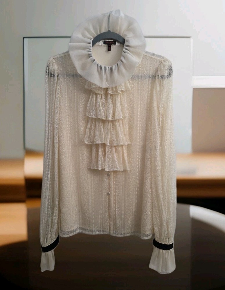 Vintage Escada Ivory Lace Tiered Ruffle Front Lond Sheer Sleeves Womens Size 36