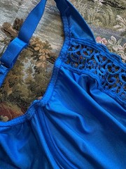 VINTAGE OLGA 33511 ROYAL BLUE SATIN LACE EDGINGS EMBROIDERED UW BRA ~ SIZE 38DD