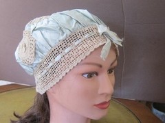 Antique Edwardian Blue Silk and Crochet Hand Made Nightcap/Hair bonnet