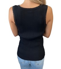 CHANEL Vintage 08P CC Logo Button Ribbed Knit Tank Top #42 Black Silver Cotton