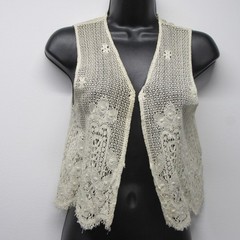 Vtg 70s Filet Crochet Edwardian Boho Delicate Dainty Lace Cream Vest Small 🔥