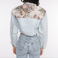 1990s, Vintage Denim Jacket Skirt Set, Cropped Tapestry Floral, YES Brand, Small
