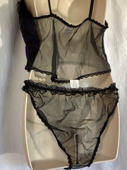 Vintage cami Panty set Purple black Silky brocade L camisole Bikini disco 70s