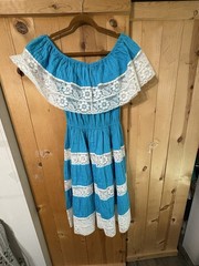 Vintage 70s Mexican Blue Floral Dress Crochet Lace Boho O/S L/XL NWD YELLOW