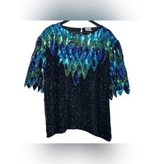 Vintage Peacock Sequin Beaded Blouse Black Blue Green Art Deco Party Top Size 5X
