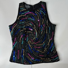 Laurence Kazar Black Silk Beaded Sequin Swirl Sleeveless Top Vintage Glam Sz M