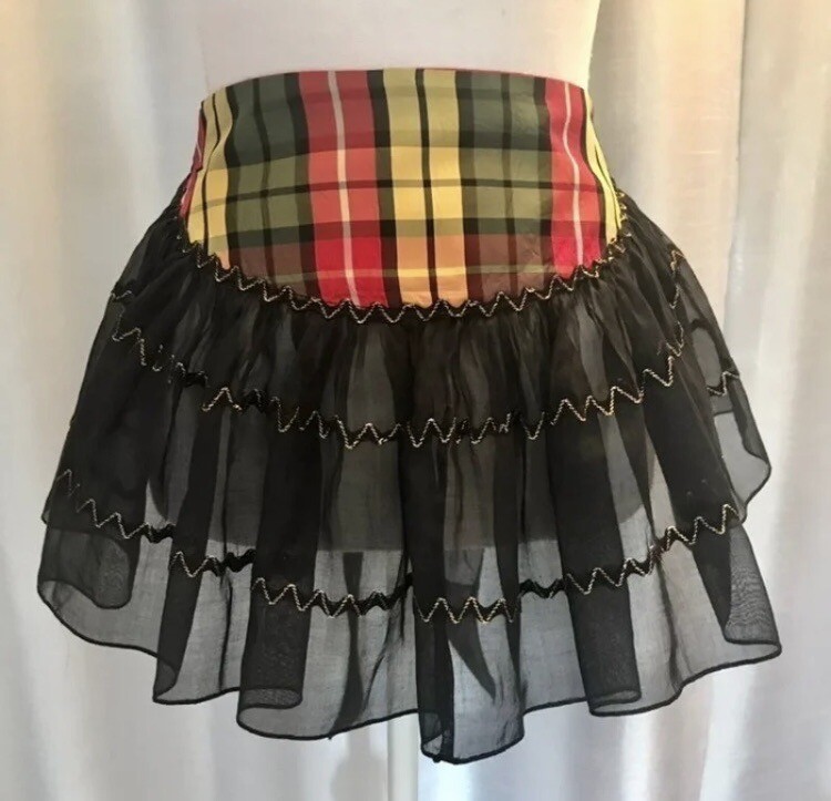 Sassy Vintage Madras w/Black Voile Skirt Apron & Long Ties 1960’s