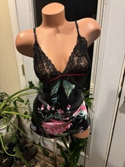 Satin Soft Black Chantilly Lace Bodice Nightie Gown Babydoll Nightgown XL