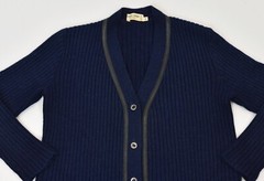 Vintage Hermes Sport Navy Blue Wool Mohair Black Leather Trim Cardigan Sweater