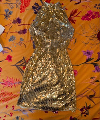Vintage 1980s-90s size medum Niteline gold sequin mini dress