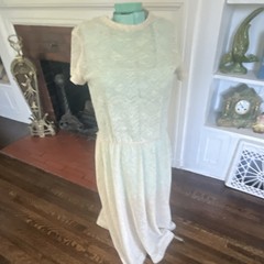 Vintage Kay Windsor Ivory Textured knit Set 2-Piece Jacket & Dress Sheer Lace