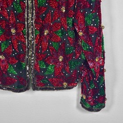 Vintage Laurence Kazar XL Red Sequin Poinsettia Silk Beaded Christmas Jacket