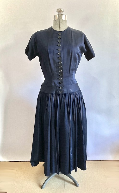 Vintage 1950’s Anne Fogarty Midnight Blue Sateen Dress with Drop Waist