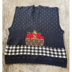 Vintage Sweater Loft Navy Knit Vest Country Kitchen Sugar Apples Lace Trim Large