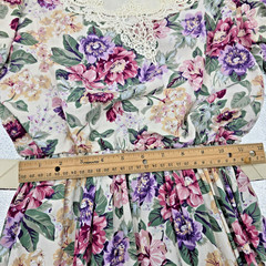 Vtg 80s Cottagecore Floral Lace Collar Midi Dress Size 6P Belted Shoulder Pads