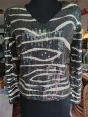 Vintage Adrienne Vittadini Black Grey MOD Sequined Sz L-Sweater Party Top