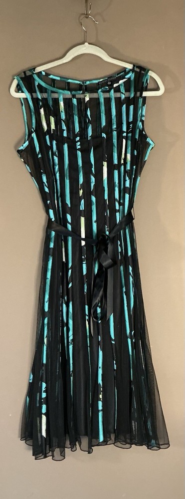 Sandra Darren Women’s Vintage Y2K Dress Black Teal Abstract Stripe Mesh Sz 14