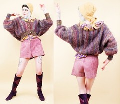 70s 80s Vtg Shaggy Mohair Wool Handknit Chunky Cardigan Sweater S Purple Pink