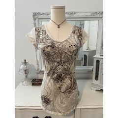 vintage cyber y2k embellished cross & paisley patterned graphic short sleeve top